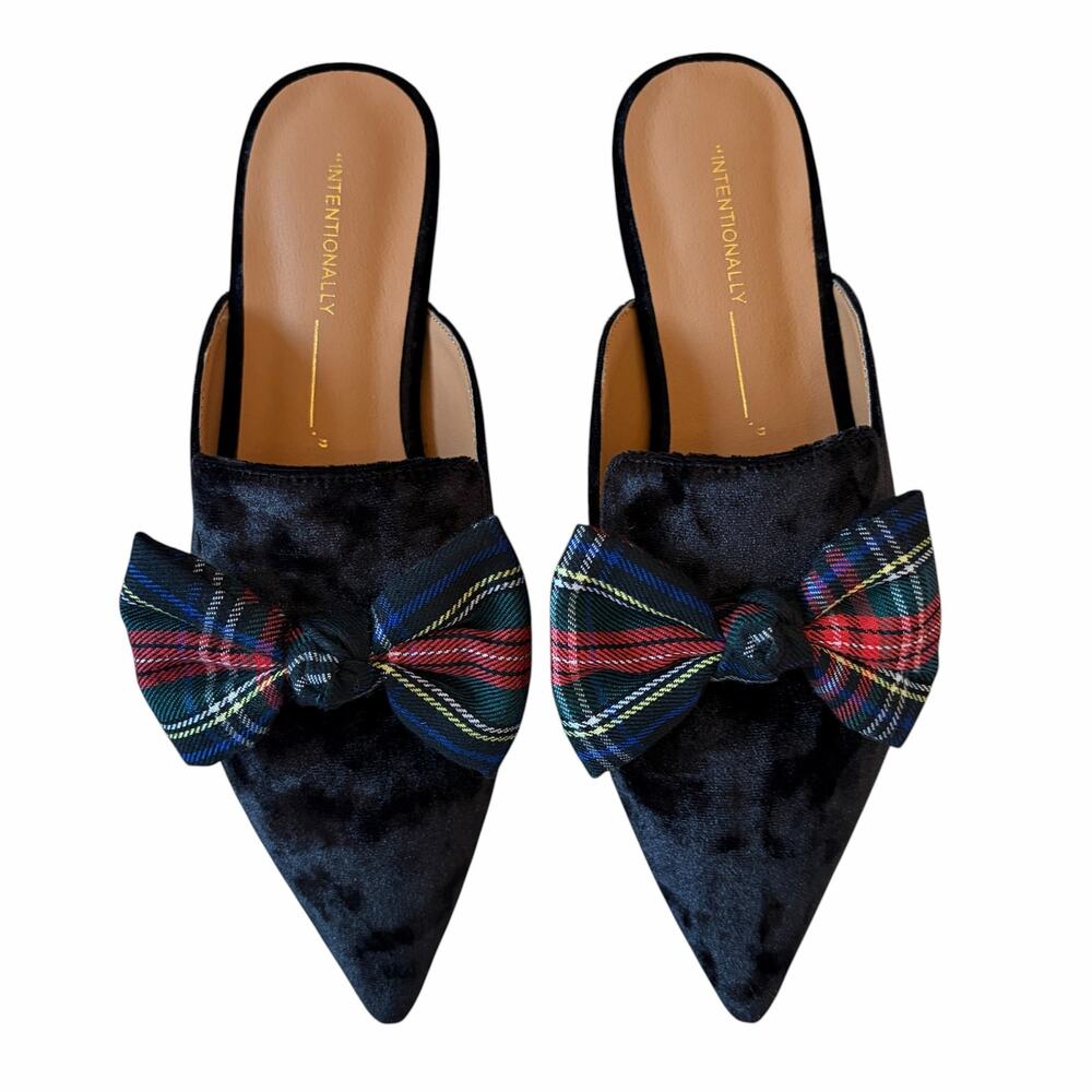 INTENTIONALLY BLANK Tartan Black Velvet Picadeli Plaid Bow Mules Size 6 New - Picture 14 of 16